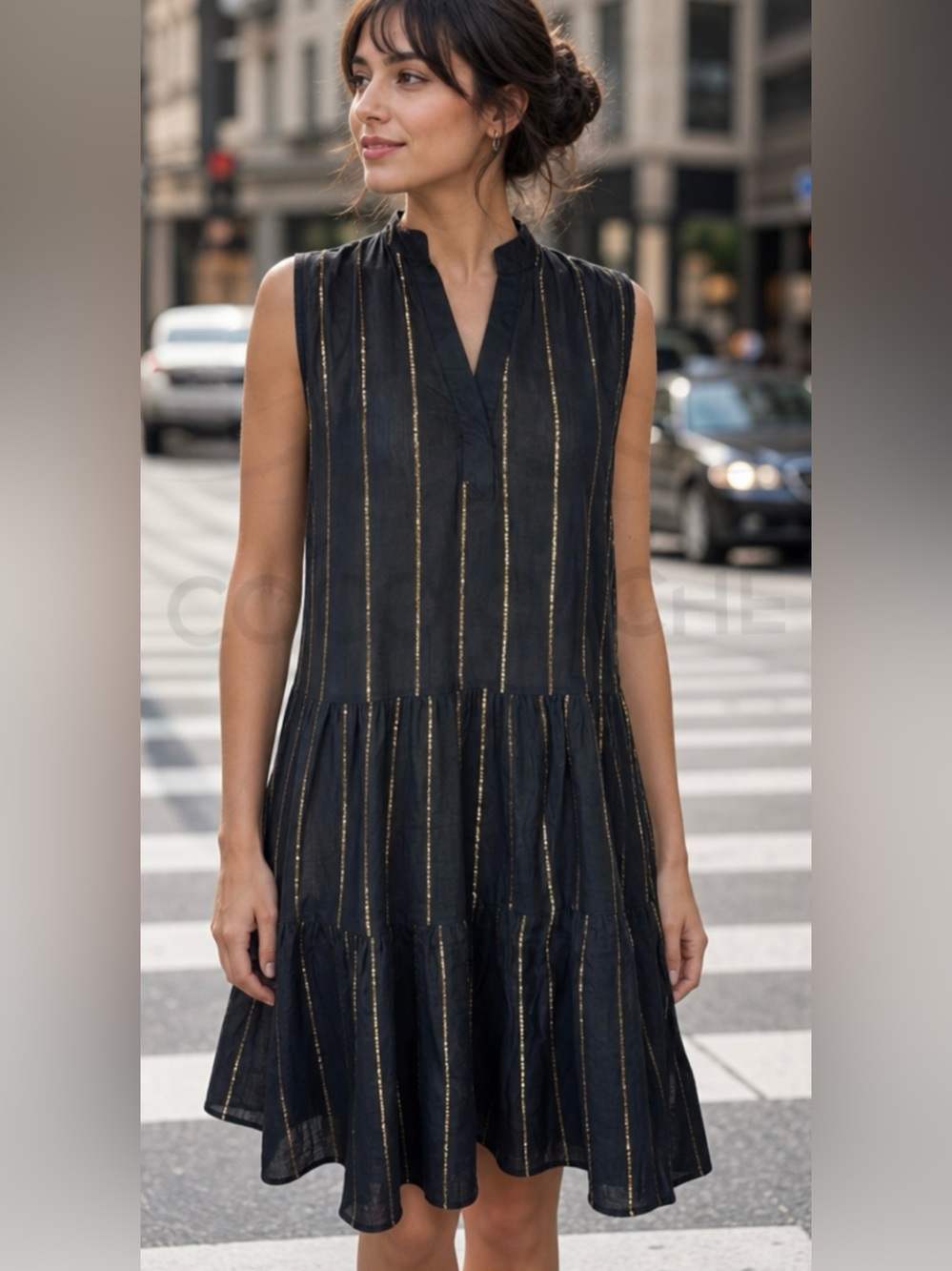 Casual Black Gold Metallic Striped Loose Relaxed Fit Sleeveless Midi Tunic Dress